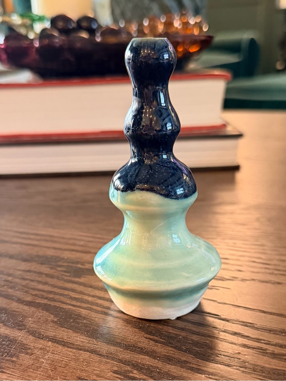 Signed Handmade Glazed Ceramic incense Burner — Navy & Light Green